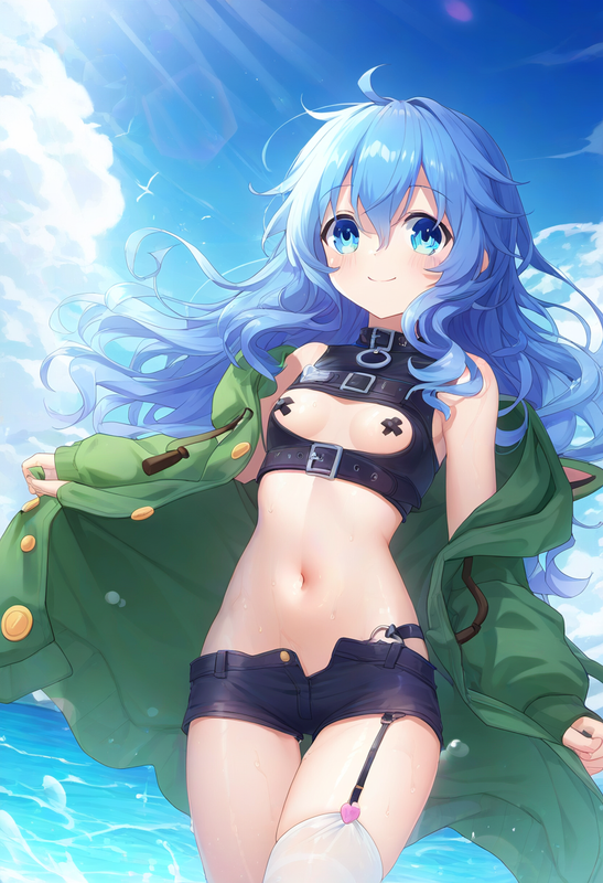 1girl, yoshino (date a live), blue hair, blue eye, Green Coat, hood down, Green  s-1520081081
