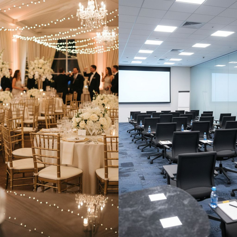 Различные виды стульев для мероприятий: от элегантных свадебных моделей Кьявари до эргономичных офисных кресел для конференций, демонстрирующие разнообразие выбора.