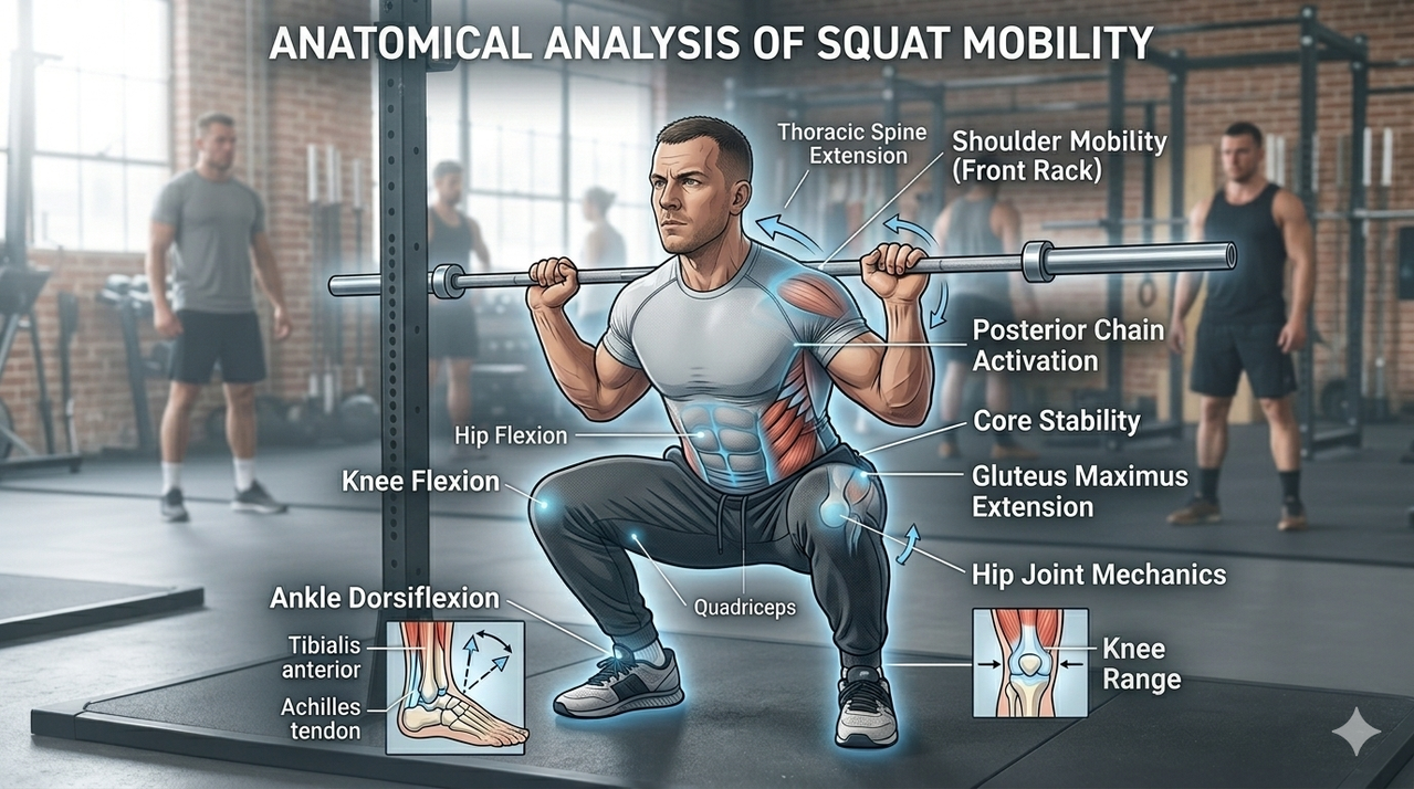Anatomical diagram showing ankle dorsiflexion, hip flexion, and thoracic extension during a deep squat for best mobility exercises for deeper squats
