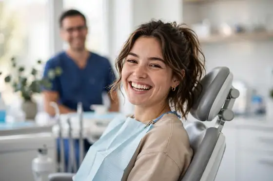 Ejemplo de publicación para clínica dental: paciente sonriendo en clínica moderna