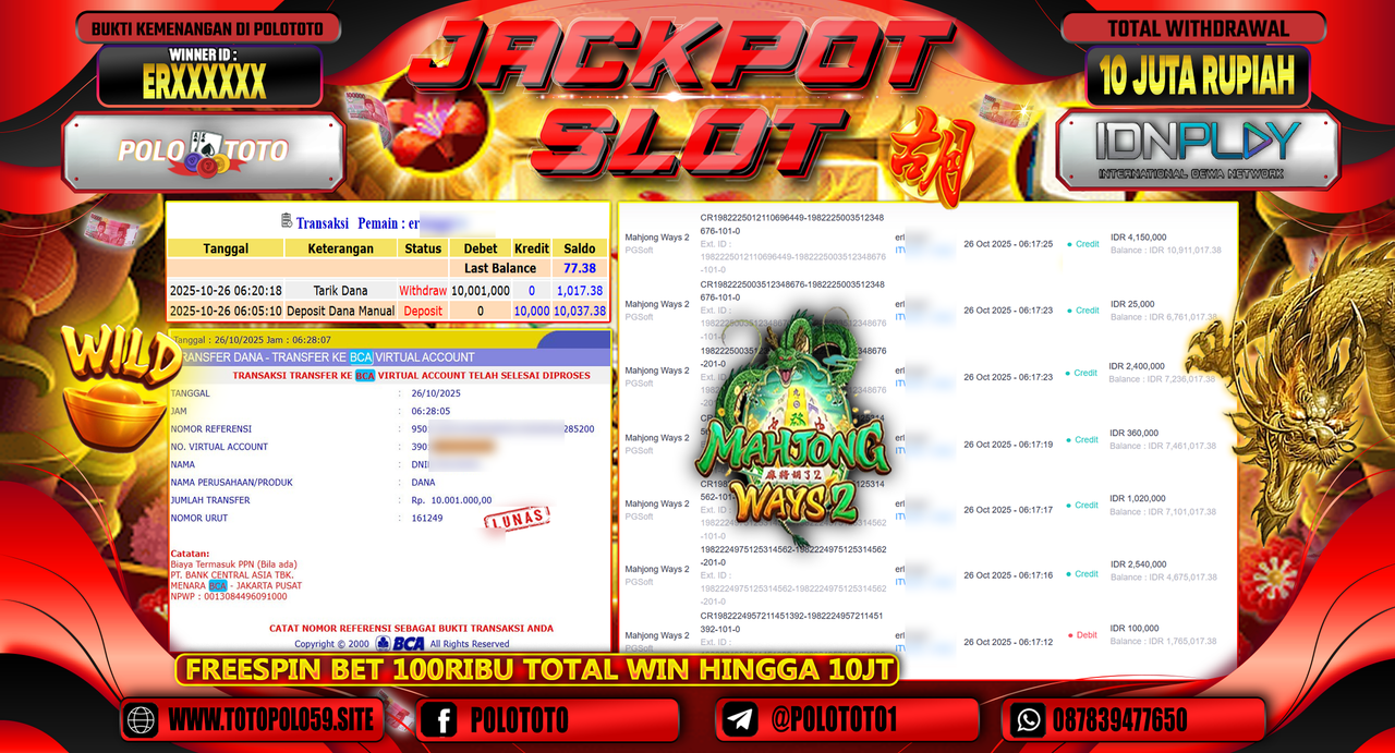 POLOTOTO JACKPOT SLOT MAHJONG WAYS 2 Rp.10.000.000,- LUNAS