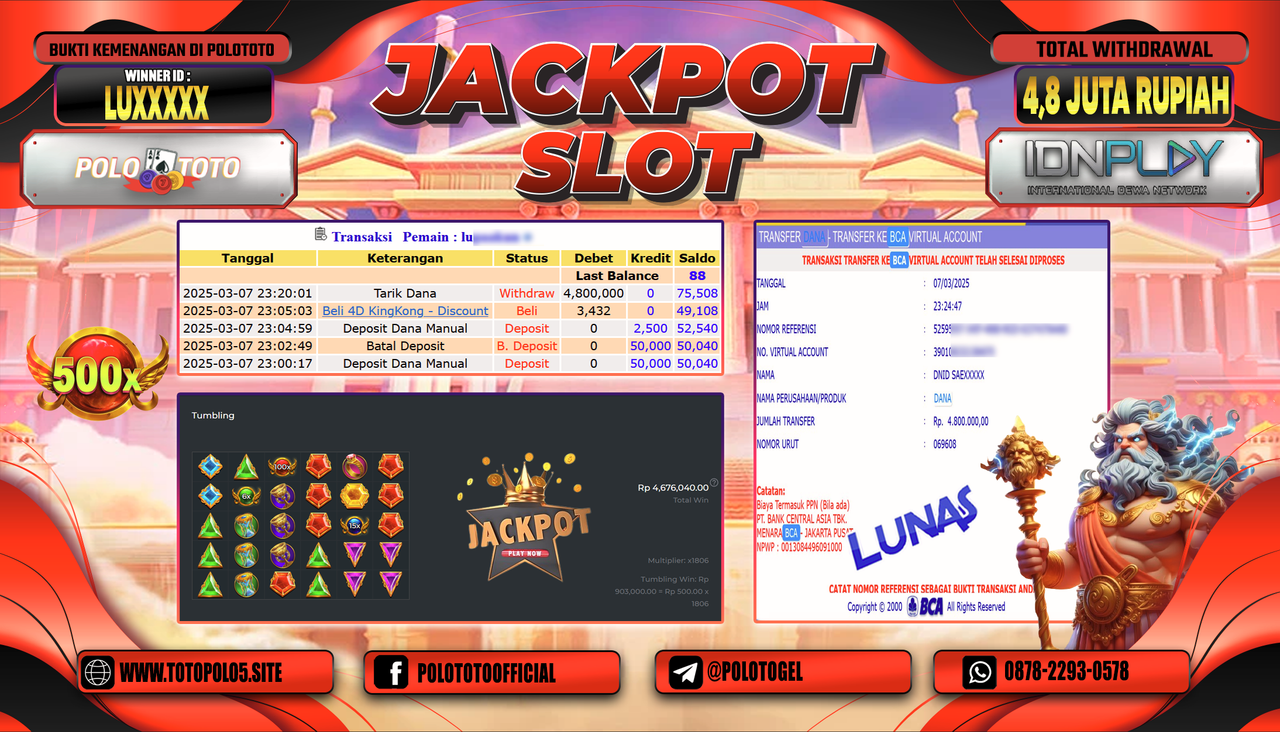 POLOTOTO JACKPOT SLOT GATES OF OLYMPUS 1000 Rp.4.800.000,-