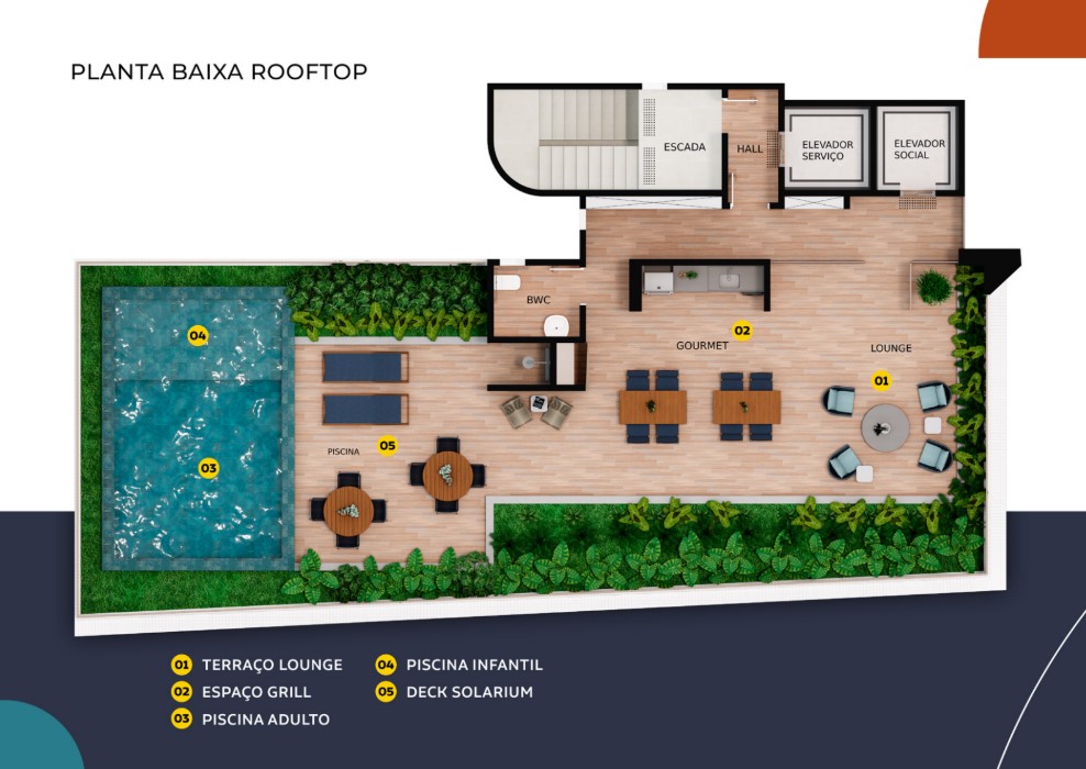 Planta do terraço lounge rooftop do Jardins Nelma Dias