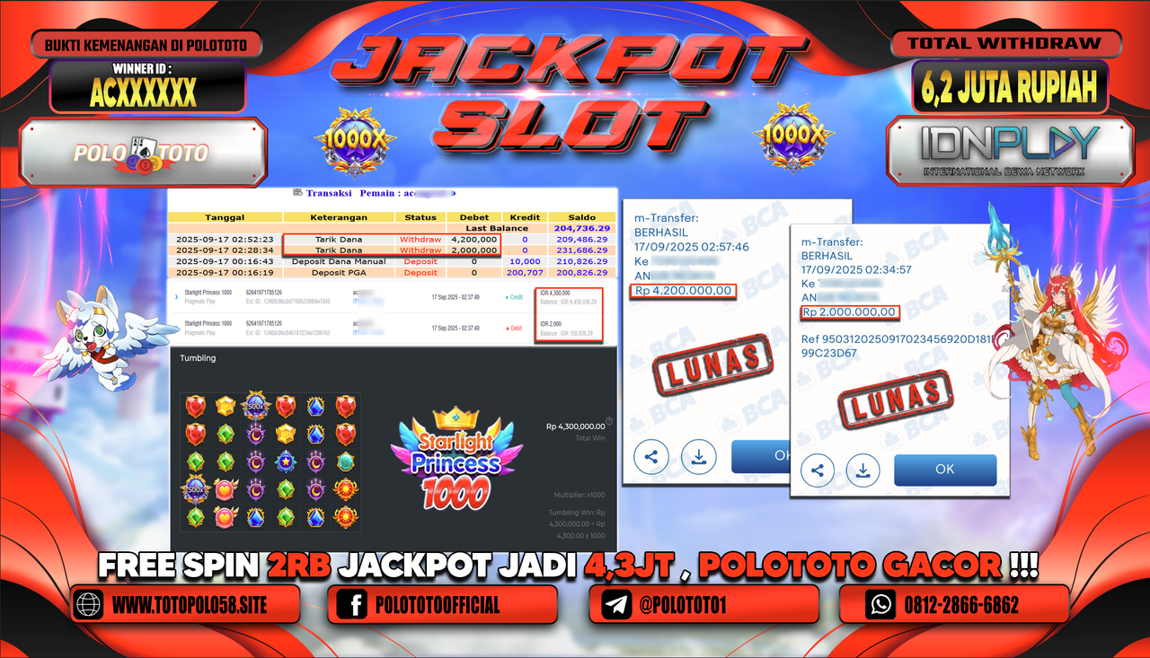 POLOTOTO JACKPOT SLOT STARLIGHT PRINCESS 1000 Rp.6.200.000,-