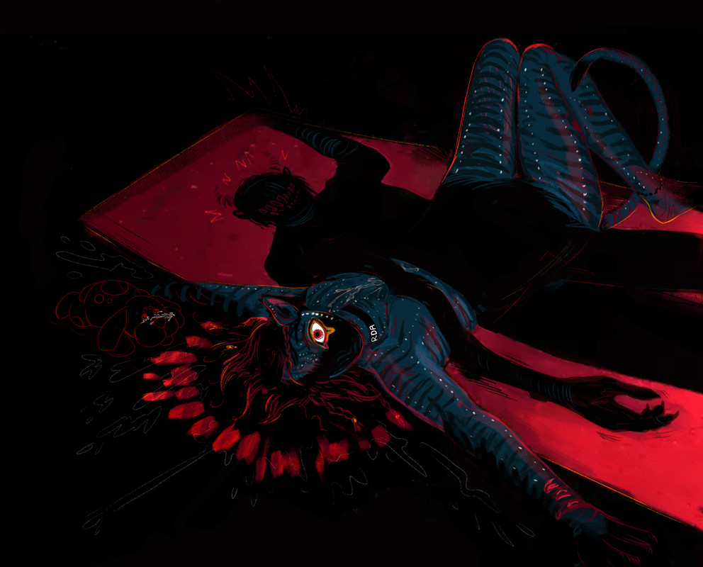 a drawing of Kiri laid out on her back on the ground with her arms spread out to the sides. Her forearms and hands disappear into the dark of the image, her knees are bent and her legs pressed together, and her tail is curled up. She's framed by the red light from an open doorway spilling in from the bottom right to slash across to the top left of the image. Recom Jake's silhouette cuts across her body and on the silhouette's face are red fangs. Kiri looks directly at the viewer with only one piercing eye visible, her iris red and gold and she has an RDA collar wrapped around her neck. She is also covered in scratches. Around her head is a crown of red splatter like blood, or teeth. And beside that, is a stuffed dog toy with a splatter of cum on its face. This splatter is mirrored by a similar one on Kiri's chest.
