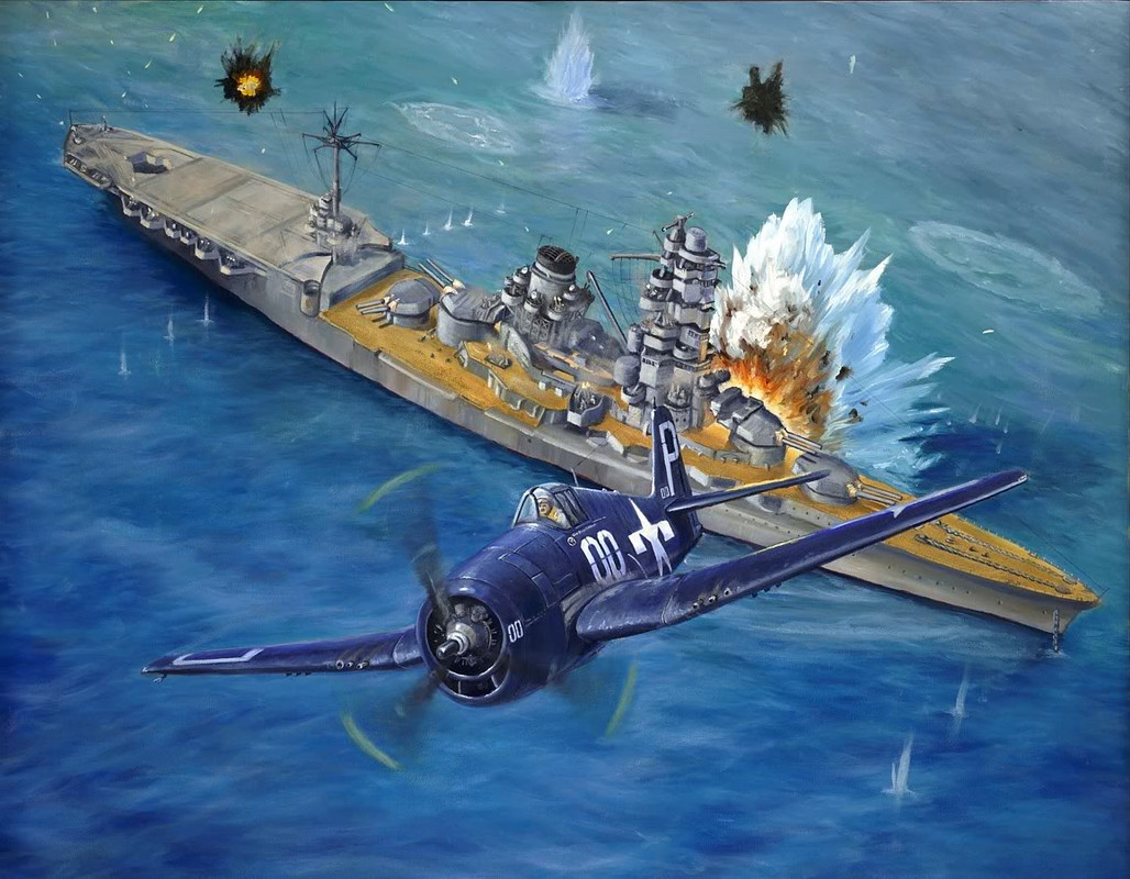 Lámina del Acorazado-Portaaviones Ise, de la Marina Imperial, atacado por un Hellcat estadounidense, presumiblemente durante el raid que sufrió en el puerto de Kobe el 28 de junio de 1945
