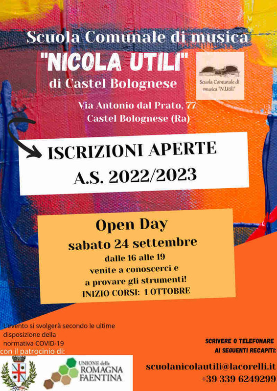 Aperte le iscrizioni alla Scuola di Musica Nicola Utili di Castel Bolognese per AS 2022/23. Open day 24 settembre.