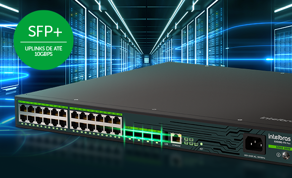Switch Intelbras S3028G-PB Max em uma rack de servidor, ideal para data centers e grandes empresas.