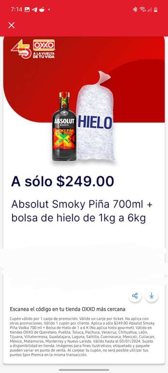 Oxxo App: Absolut SMOKY PIÑA 700 ml y Bolsa de Hielo de 1 a 6 kg en 249