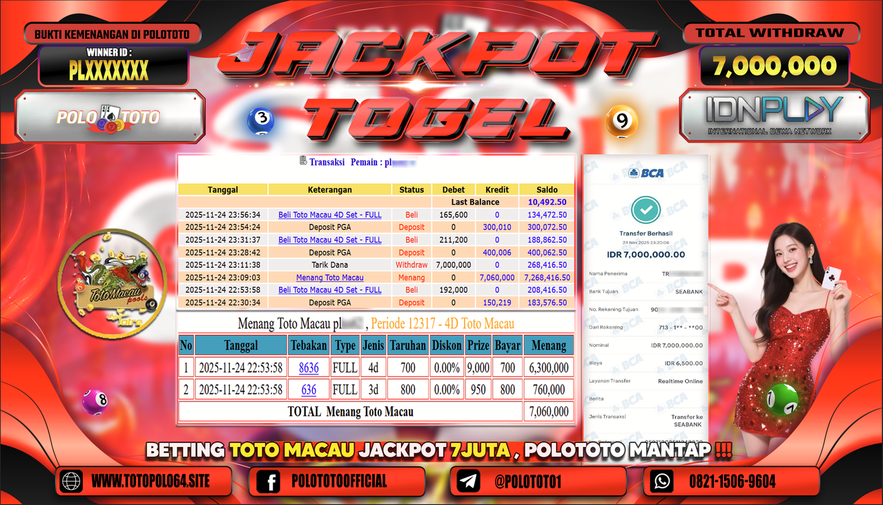 POLOTOTO JACKPOT TOGEL MENANG TOTO MACAU Rp.7.000.000,- LUNAS