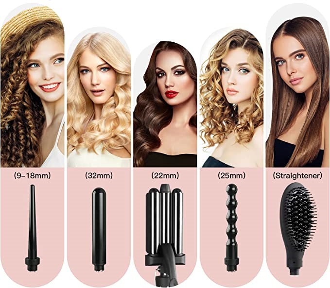 A set of five curling wands and different hair styles made with them