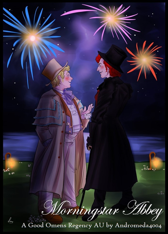 Fanart by Freedomattack depicting Aziraphale and Crowley watching fireworks