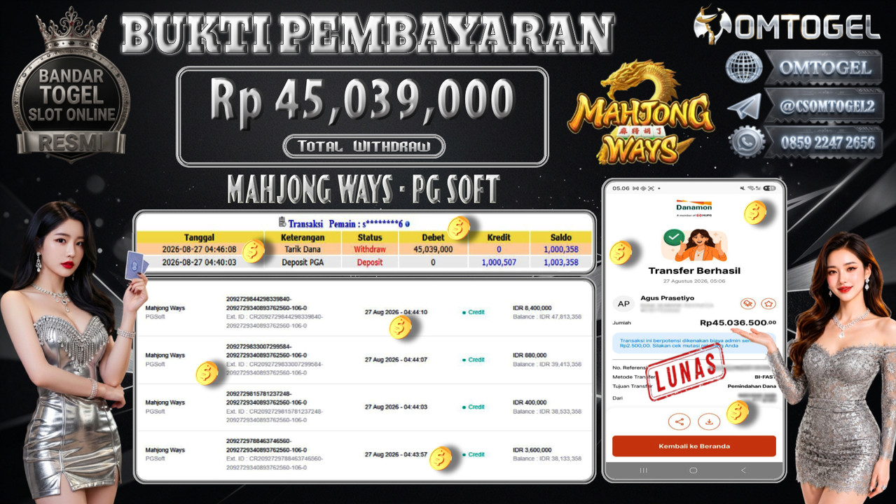 OMTOGEL JACKPOT PG SOFT MAHJONG WAYS Rp,45,039,000,- DIBAYAR LUNAS