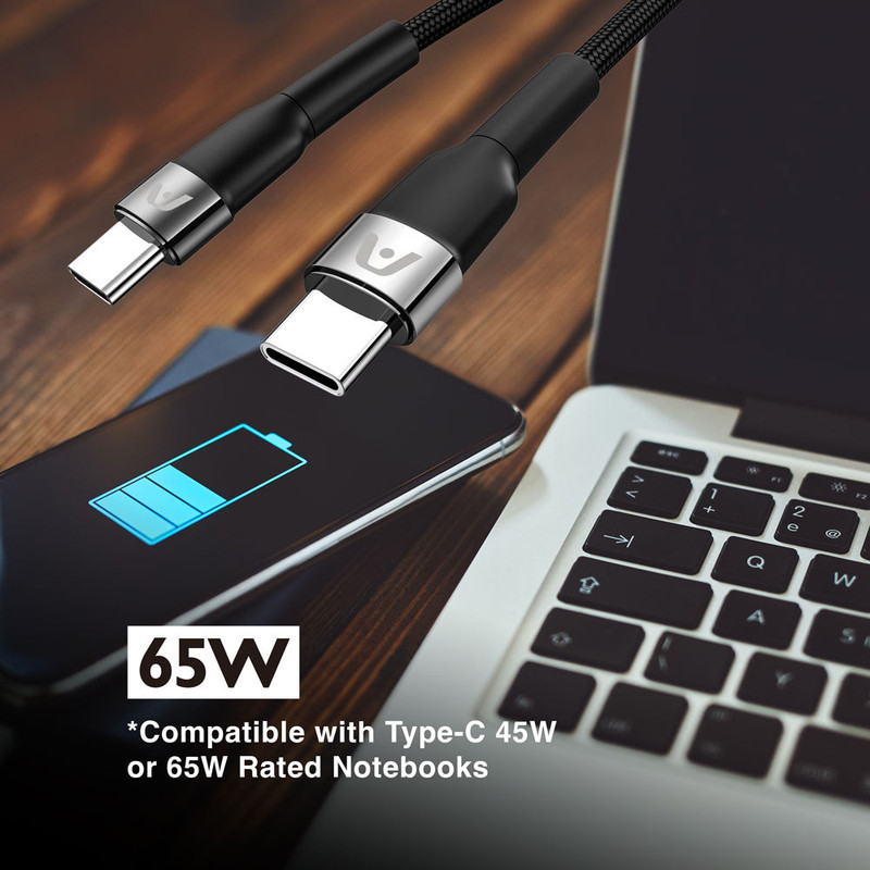 Cable USB-C extralargo de Argom conectado a una laptop.