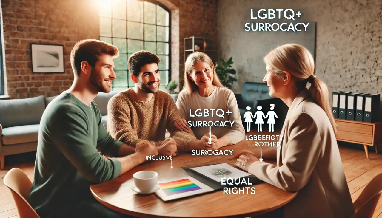 Illustration of LGBTQ+ surrogacy in Alaska with a same-sex couple and surrogate discussing rights, process, and equality in surrogacy.