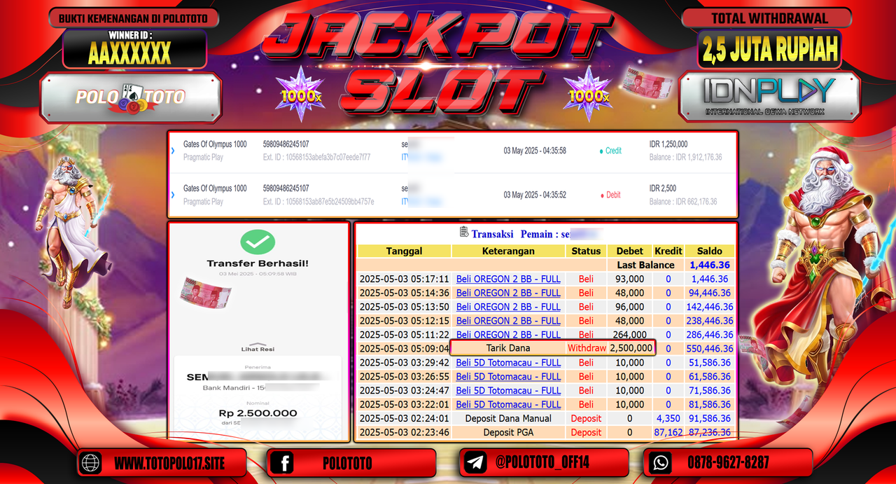 POLOTOTO JACKPOT SLOT GATES OF OLYMPUS 1000 Rp.2.500.000,-