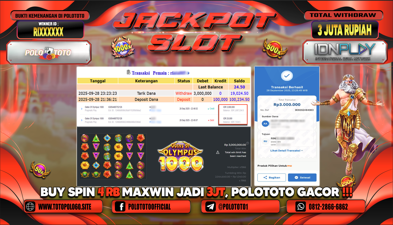 POLOTOTO JACKPOT SLOT GATES OF OLYMPUS 1000 Rp.3.000.000,- LUNAS