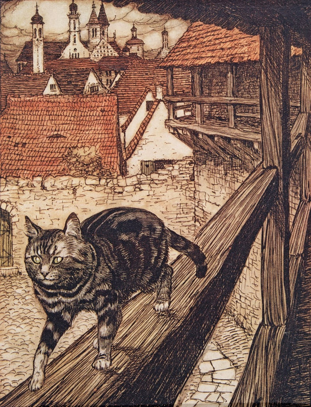 3-Arthur-Rackham-The-Cat-stole-away-behind-the-city-walls-to-the-Church-from-The-Fairy-Tales-of