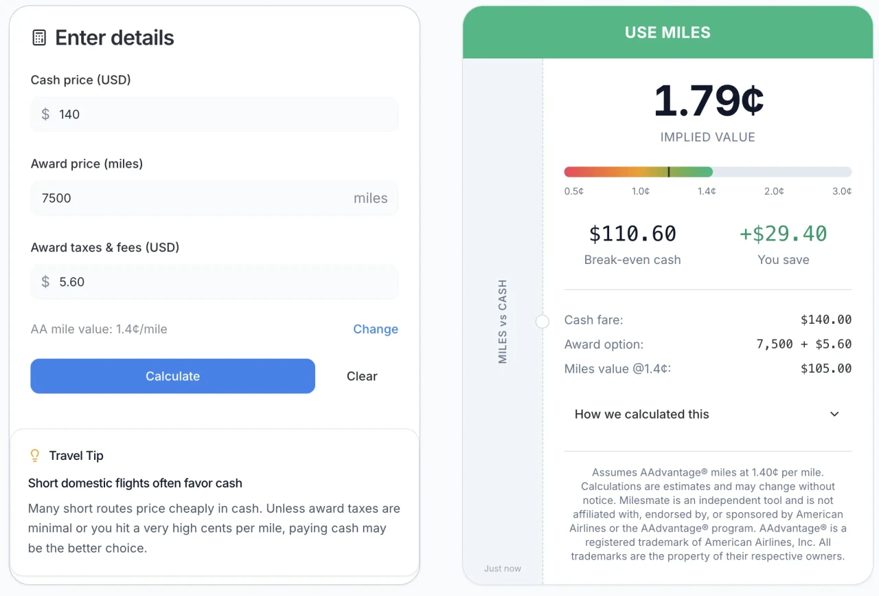 AA miles vs cash calculator result for DCA-FLL