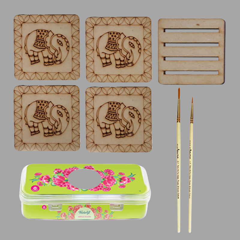Madhubani painting on Engraved Square MDF Tea Coasters Hobbyist level DIY Kit 