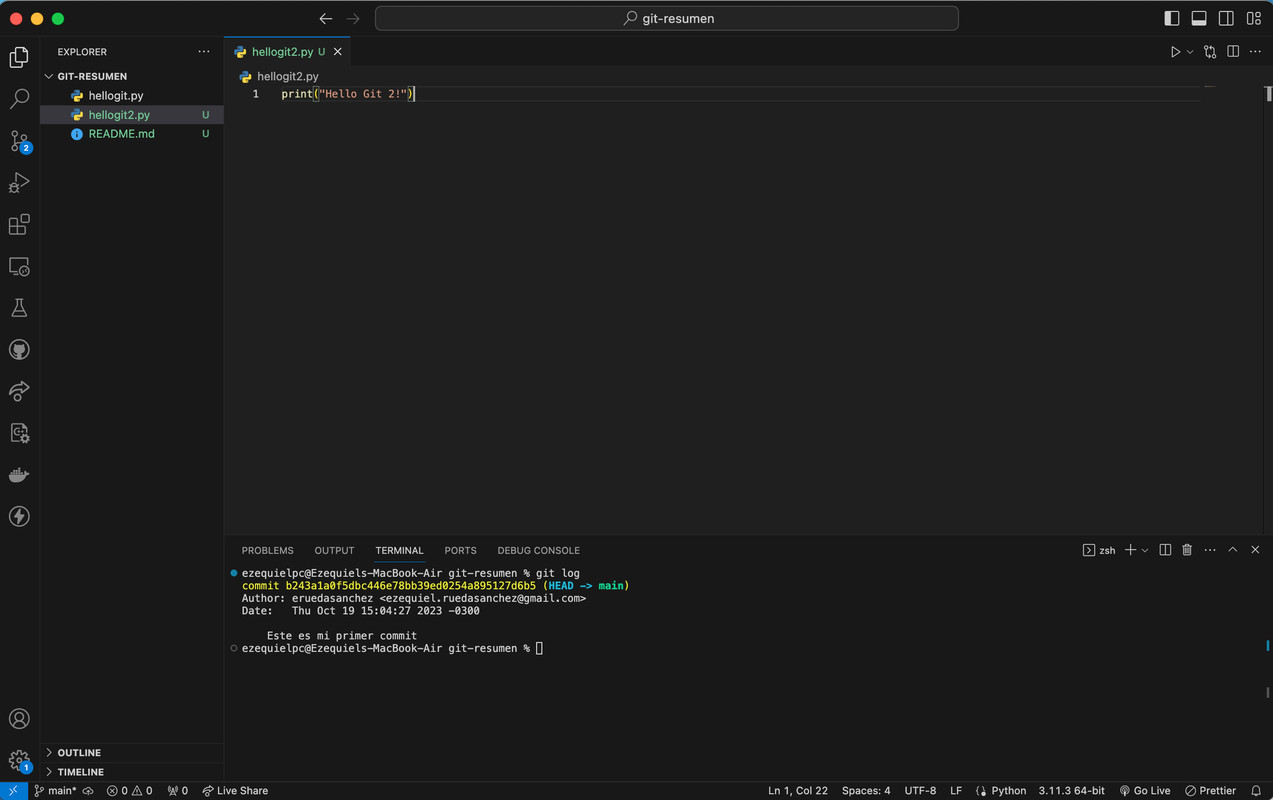 Ejecucion comando git log Git status y Git log