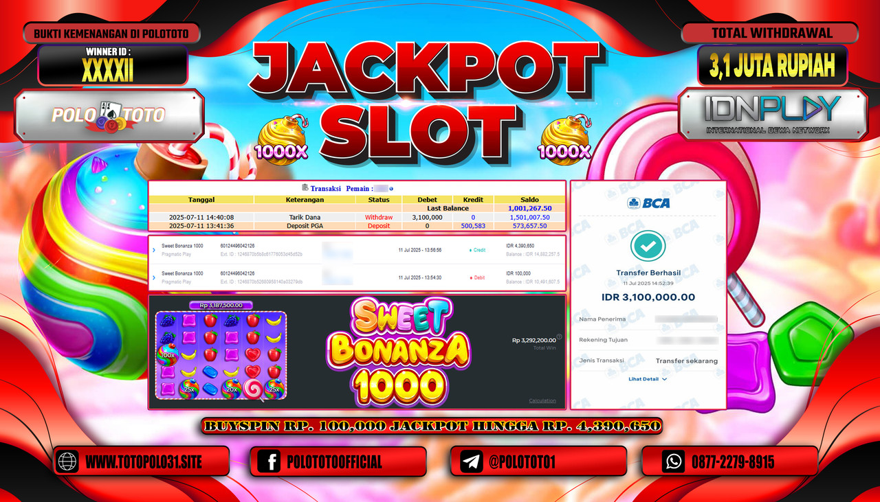 POLOTOTO JACKPOT SLOT SWEET BONANZA 1000 Rp.3.100.000,- LUNAS