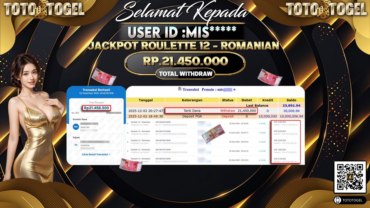 Bukti Pembayaran Jackpot Permainan Pragmatic Live Roulette 12 - Romanian ID:MIS***** LUNAS