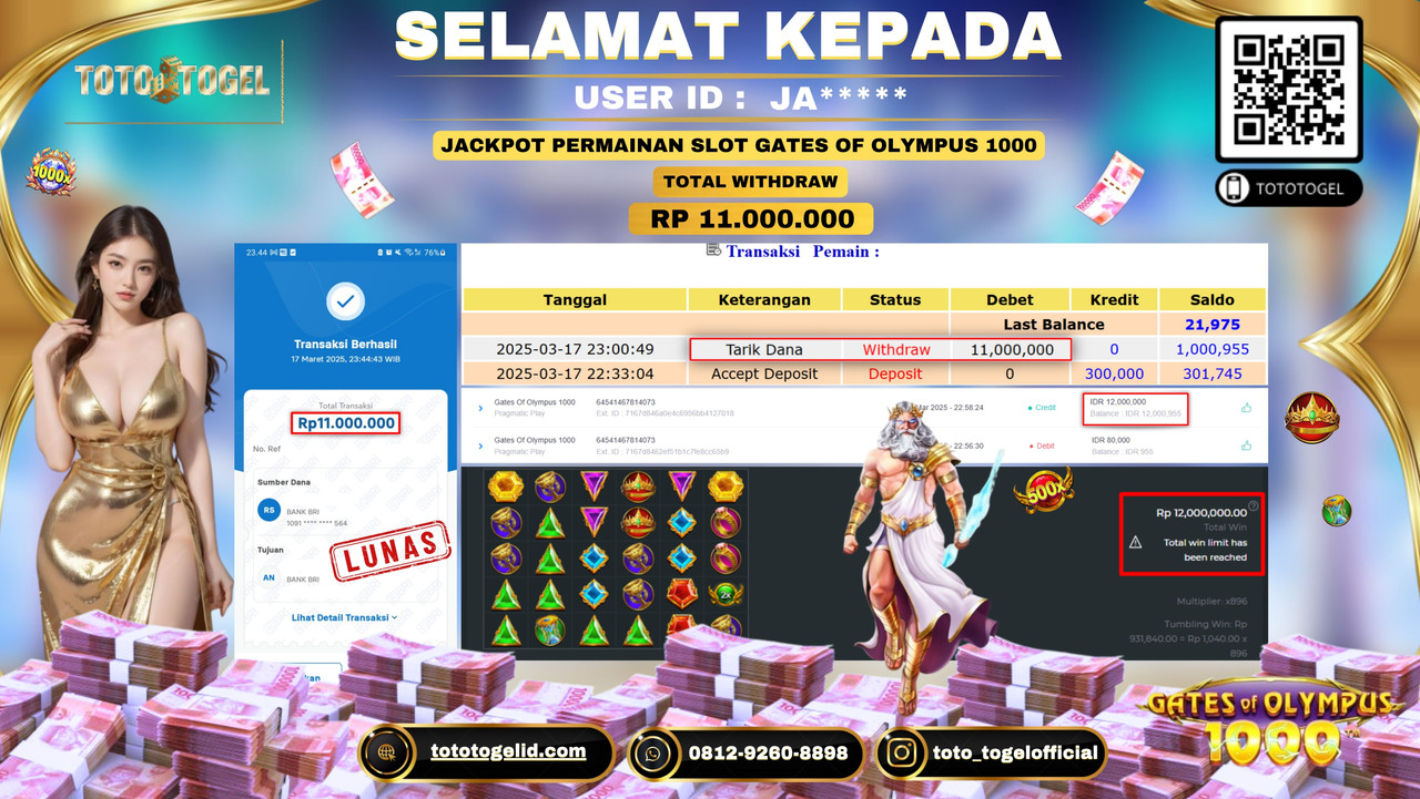 Bukti Pembayaran Jackpot  Permainan Slot Gates Of Olympus 1000 ID:JA***** LUNAS