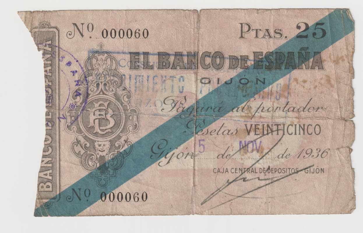 Curiosidad, 25 pesetas Gijón 5 de noviembre de 1936 número bajo Documento-escaneado94-11