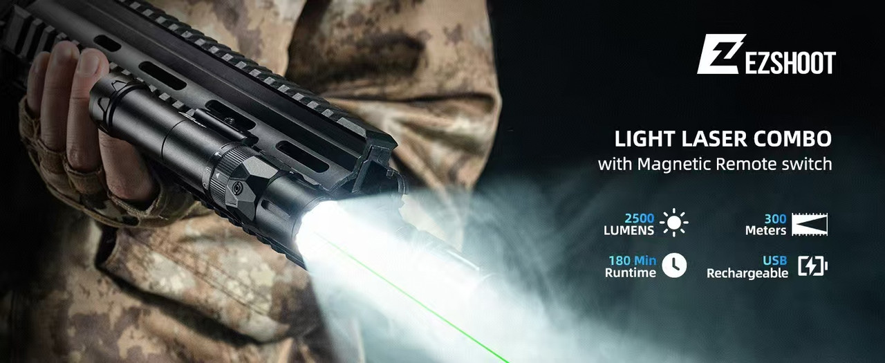 Rechargeable weapon mounted flashlight showing the USB charging cable and magnetic remote switch attachment