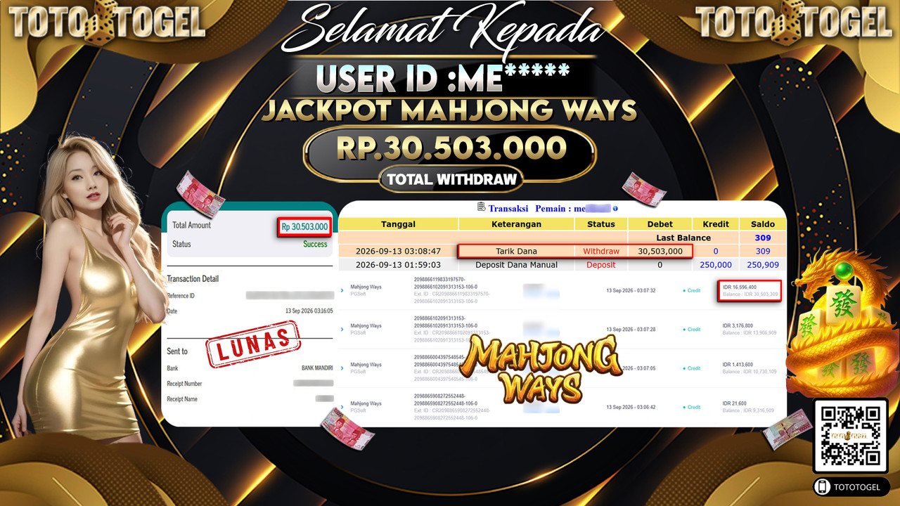 Bukti Pembayaran Jackpot Slot Mahjong Ways  ID:ME*****LUNAS