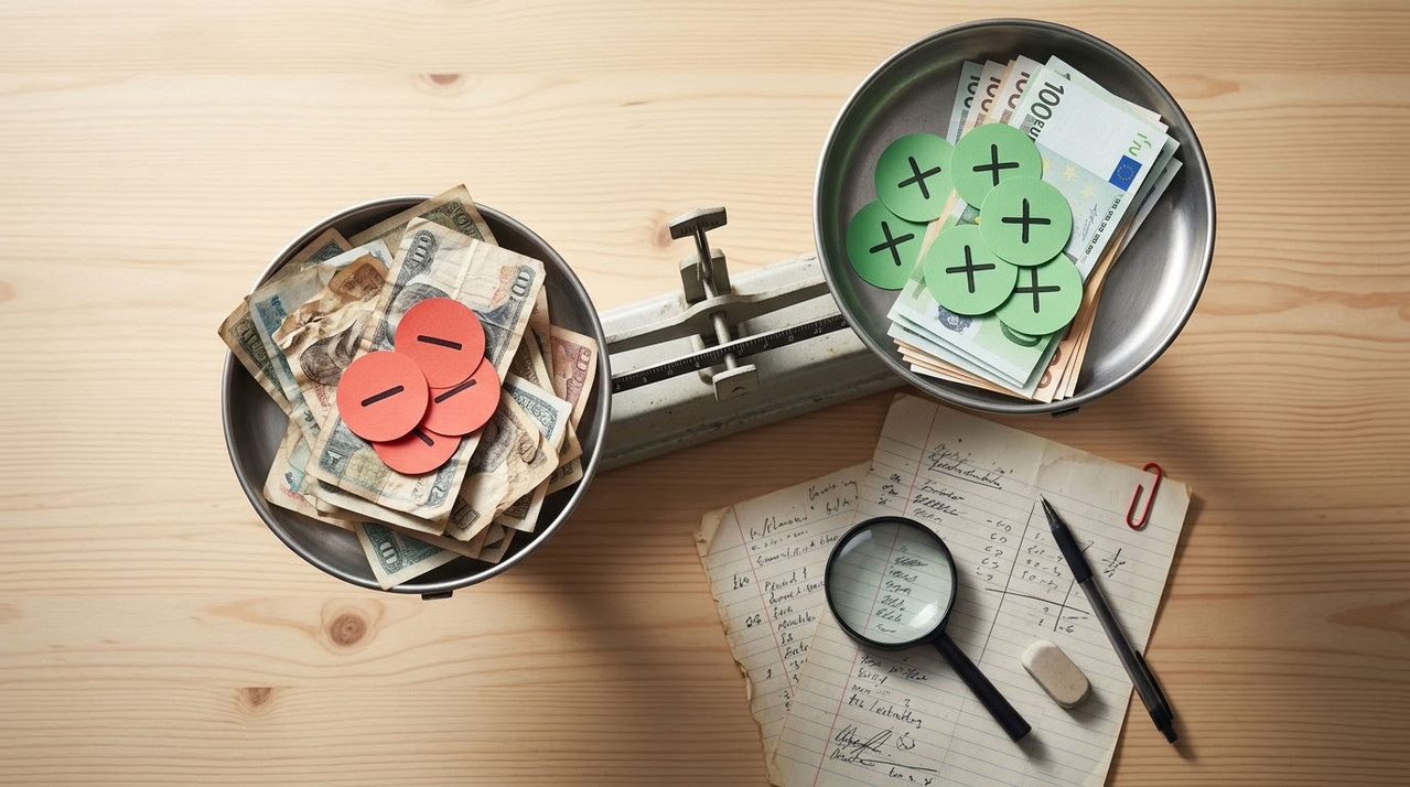 Механические весы показывают дисбаланс доходов и трат