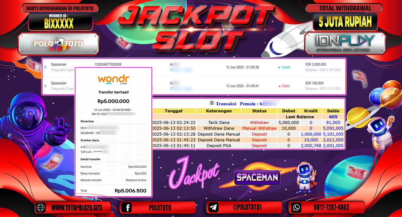 POLOTOTO JACKPOT SLOT SPACEMAN Rp.5.000.000,-