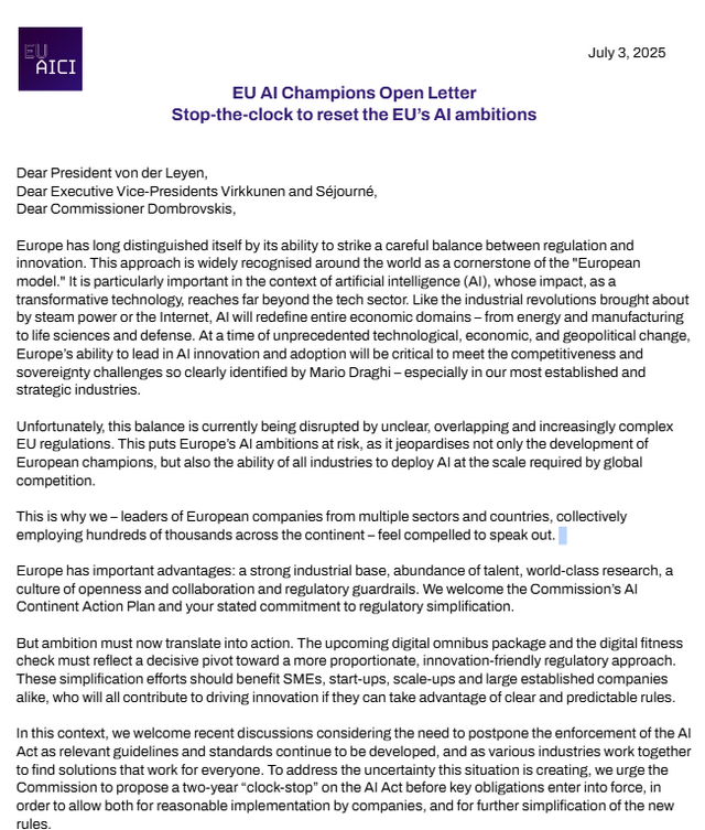 Offener Brief zur Aussetzung des EU AI Act