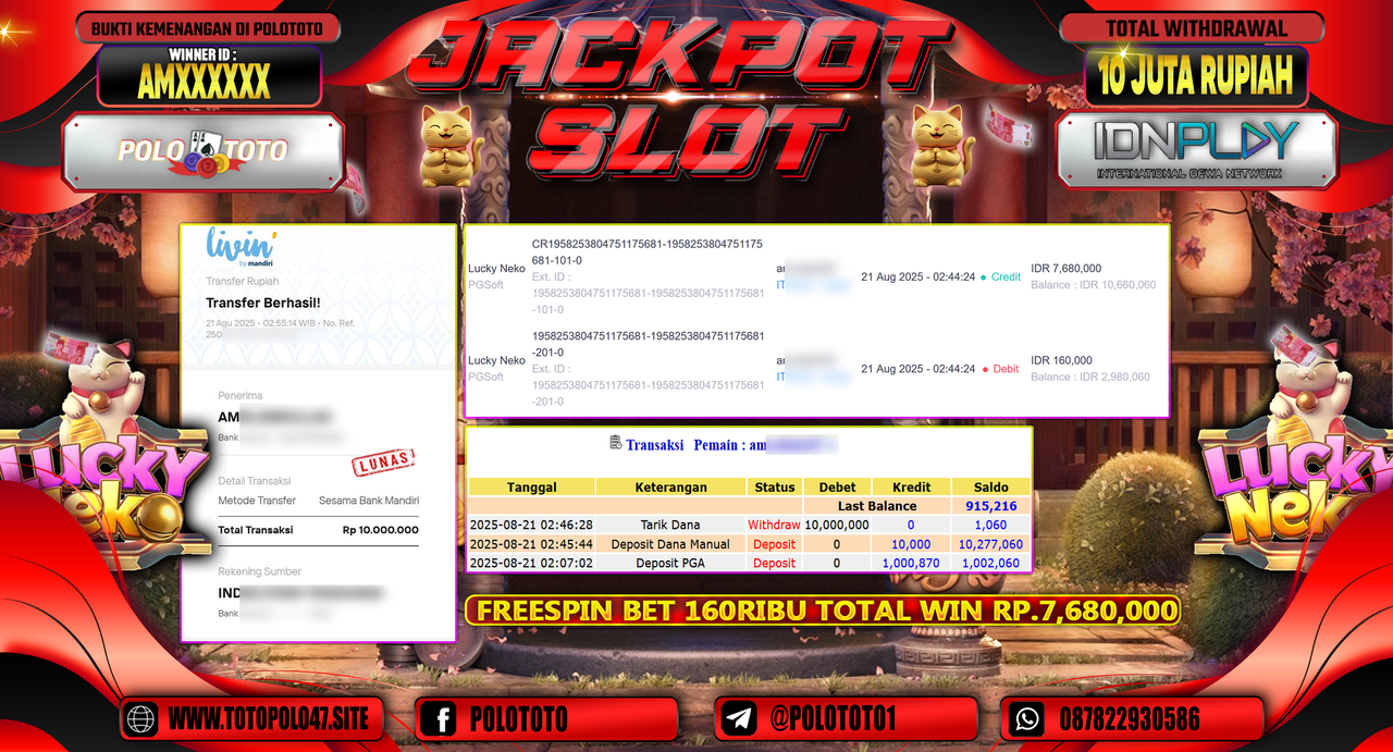 POLOTOTO JACKPOT SLOT LUCKY NEKO Rp.10.000.000,-