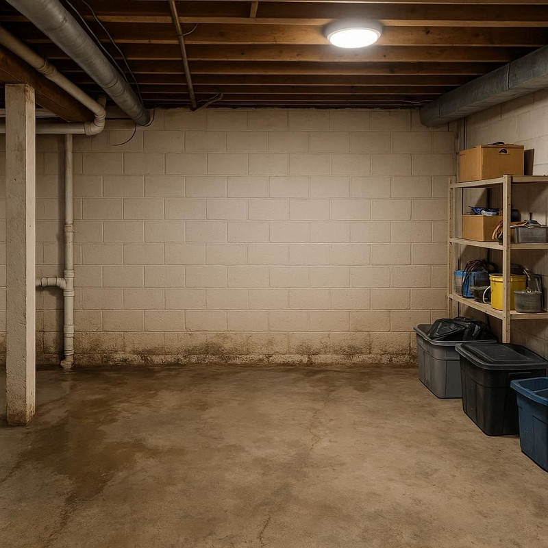 Before photo of a flooded basement filled with boxes, tools, and standing water on the concrete floor.