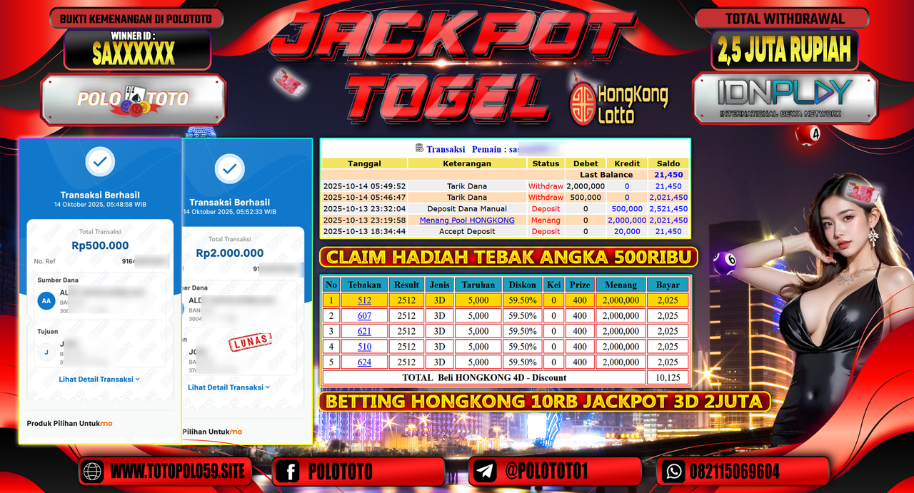 POLOTOTO JACKPOT TOGEL HONGKONG LOTTO Rp.2.500.000,- LUNAS