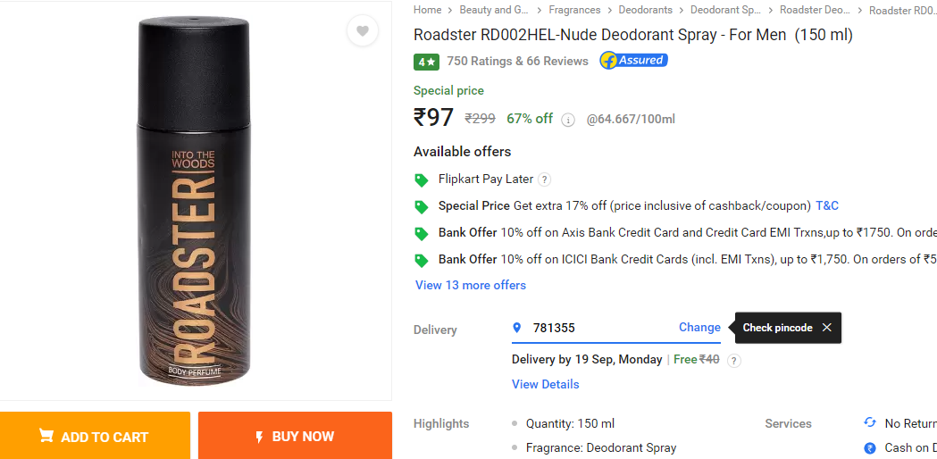 Roadster Nude Deodorant Spray - For Men  (150 ml)
