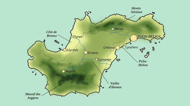 La carte topographique de Philoséa représente l'île de Philoséa, le détails de ses côtes et des quelques îles environnantes. La carte représente également de manière schématique les reliefs principaux de l'île, avec deux chaines de montagnes, le Massif des Argyres au Sud Ouest du pays, et les Monts Néréion au Nord-Est de l'île. Sur la carte figurent également les principales villes du pays, avec des figurés circulaires de taille proportionnelle au nombre d'habitants de chaque ville. Enfin, les cinq grandes régions sont séparées par des pointillés, et les principaux cours d'eau sont symbolisés par les tracés de couleur bleu. La carte topographique de Philoséa représente l'île de Philoséa, le détails de ses côtes et des quelques îles environnantes. La carte représente également de manière schématique les reliefs principaux de l'île, avec deux chaines de montagnes, le Massif des Argyres au Sud Ouest du pays, et les Monts Néréion au Nord-Est de l'île. Sur la carte figurent également les principales villes du pays, avec des figurés circulaires de taille proportionnelle au nombre d'habitants de chaque ville. Enfin, les cinq grandes régions sont séparées par des pointillés, et les principaux cours d'eau sont symbolisés par les tracés de couleur bleu.