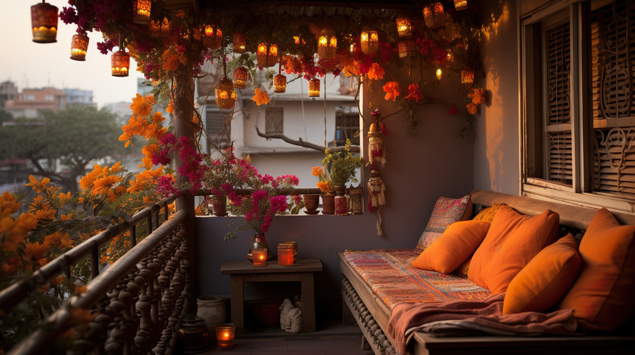 Indian Traditional Balcony Design with Terracotta Walls and Rattan Seating