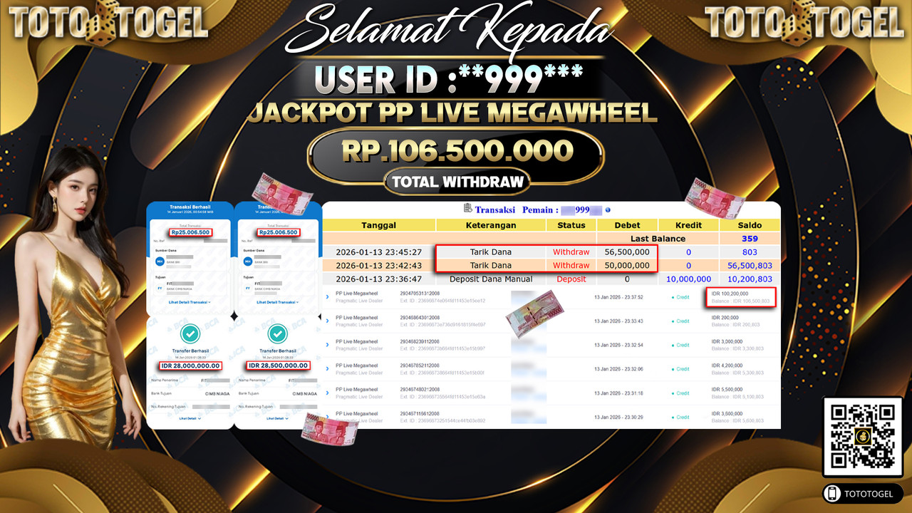 Bukti Pembayaran Jackpot Permainan Pragmatic Live PP Live Megawheel ID:**999***LUNAS