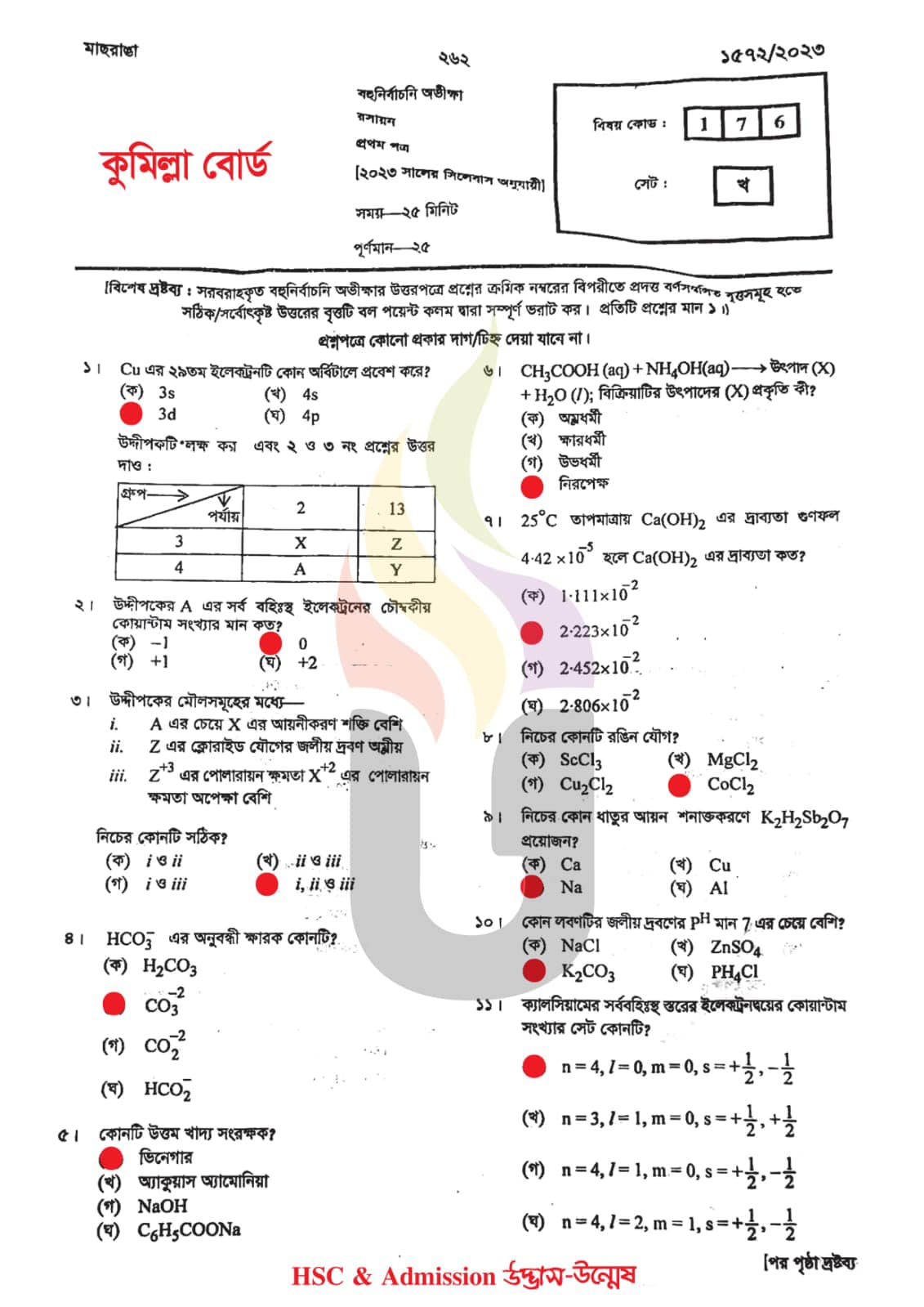 কুমিল্লা বোর্ড এইচএসসি রসায়ন ১ম পত্র MCQ প্রশ্ন সমাধান ২০২৩