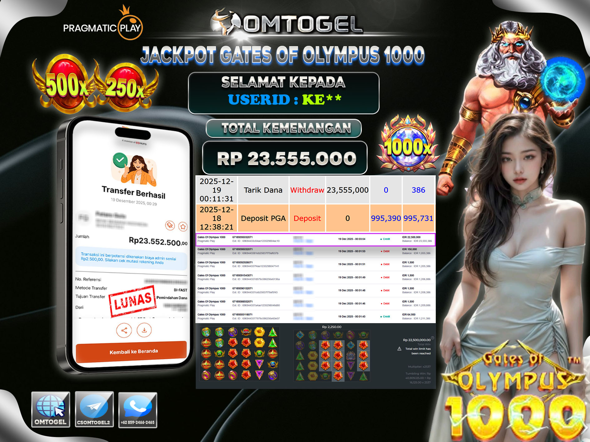OMTOGEL JACKPOT PRAGMATIC PLAY GATES OF OLYMPUS 1000 ,23 JUTA DI BAYAR LUNAS ,-