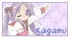 A purple stamp of Kagami from Lucky star with text at the bottom that says her name Kagami