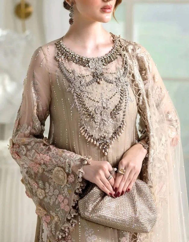 Beige Heavy Embroidered Chiffon Wedding Dress – Unstitched Formal Outfit with 3D Handwork & Embellished Neckline