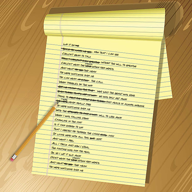 yellow legal pad with handwritten and scratched out lyrics to watching over me
