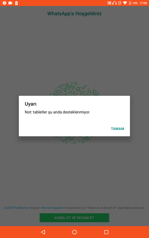 Tabletler desteklenmiyor Whatsapp