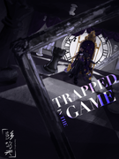digital art of Obsidian Sapphire Cookie by ArchiveofChaos on Art Fight sitting on a golden throne with a chess board as the floor, frame in the foreground, a clock in the background, and various chess pieces on the floor and floating. There is text within the foreground frame reading: TRAPPED IN THE GAME.