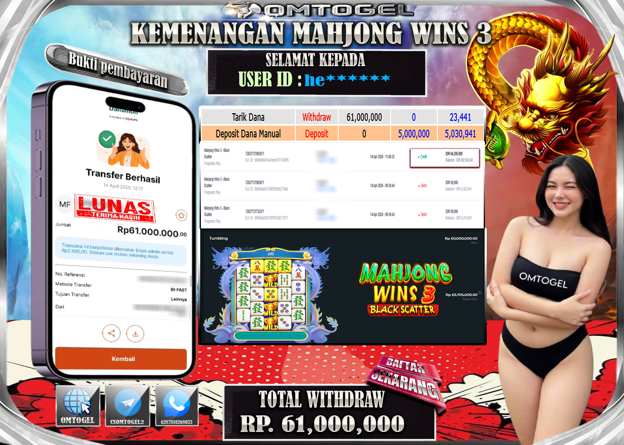 OMTOGEL JACKPOT PRAGMATIC PLAY MAHJONG WINS 3 - BLACK SCATTER, 61 JUTA DI BAYAR LUNAS ,-