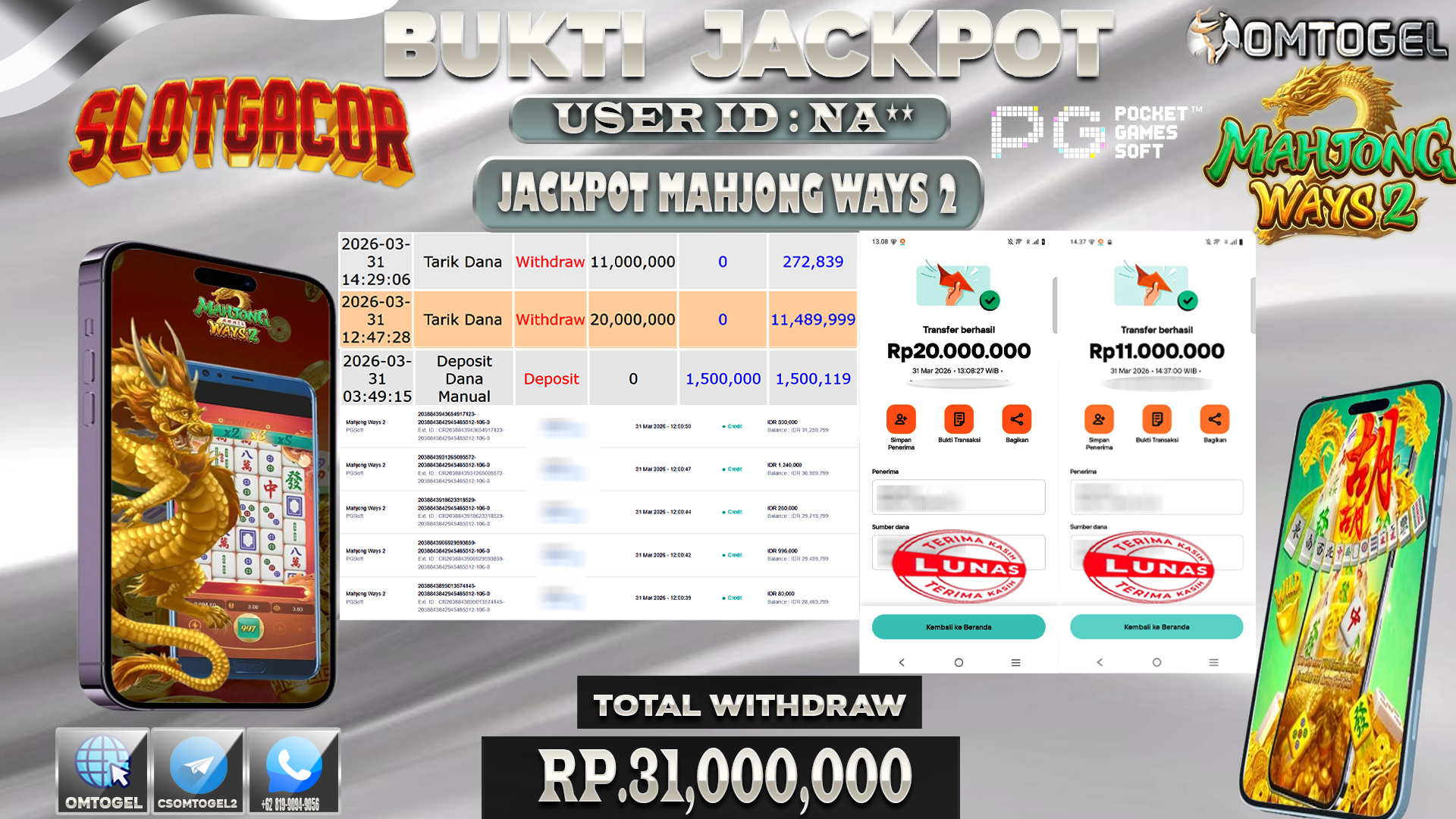 OMTOGEL JACKPOT PG SOFT MAHJONG WAYS 2 ,31 JUTA DI BAYAR LUNAS ,-